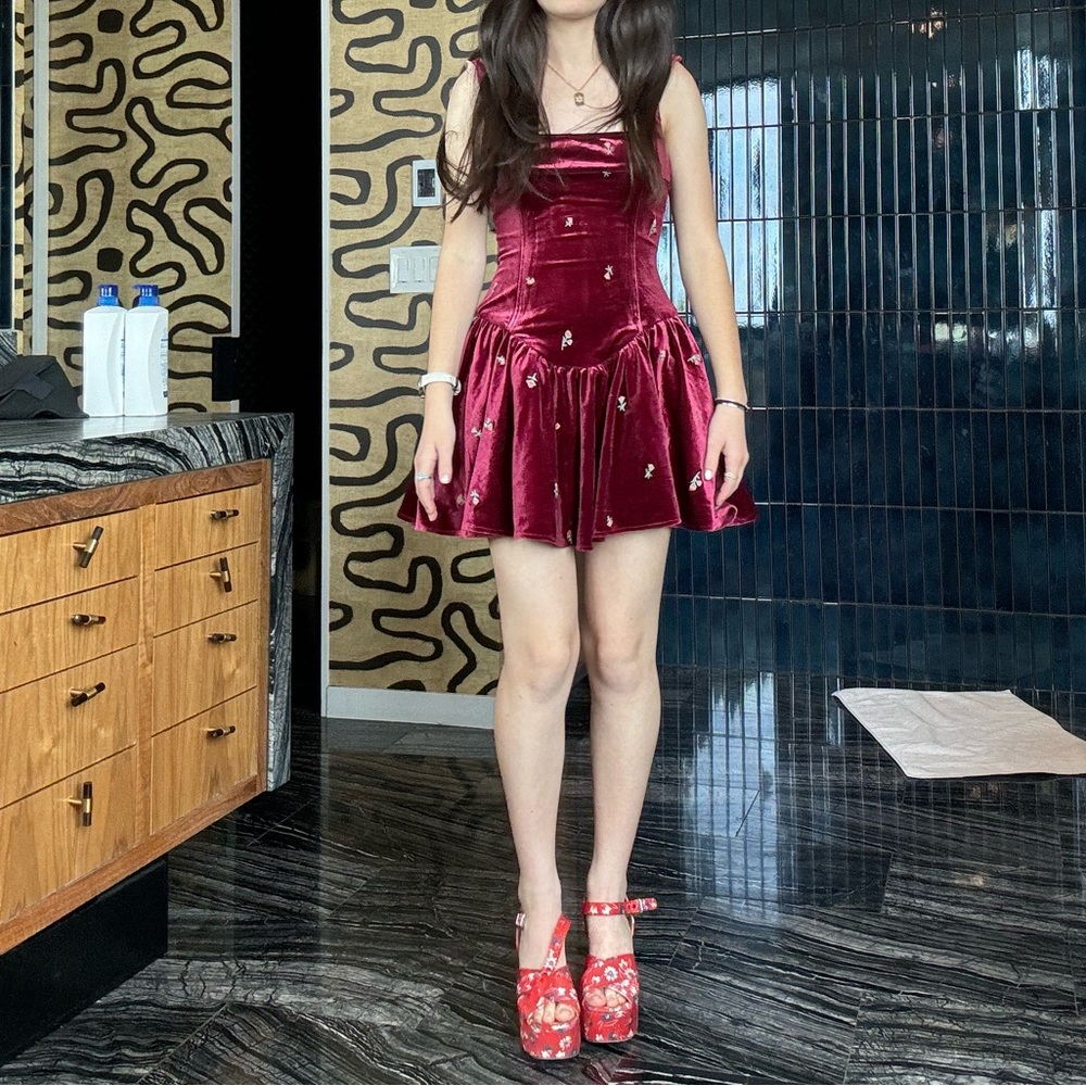 Red velvet flower mini dress